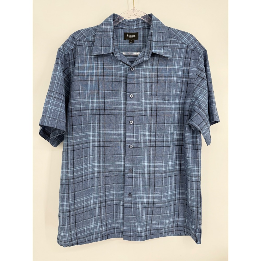 Haggar Mens Blue Plaid Short Sleeve Button Down Shirt Sz M Camp Collar Pocket